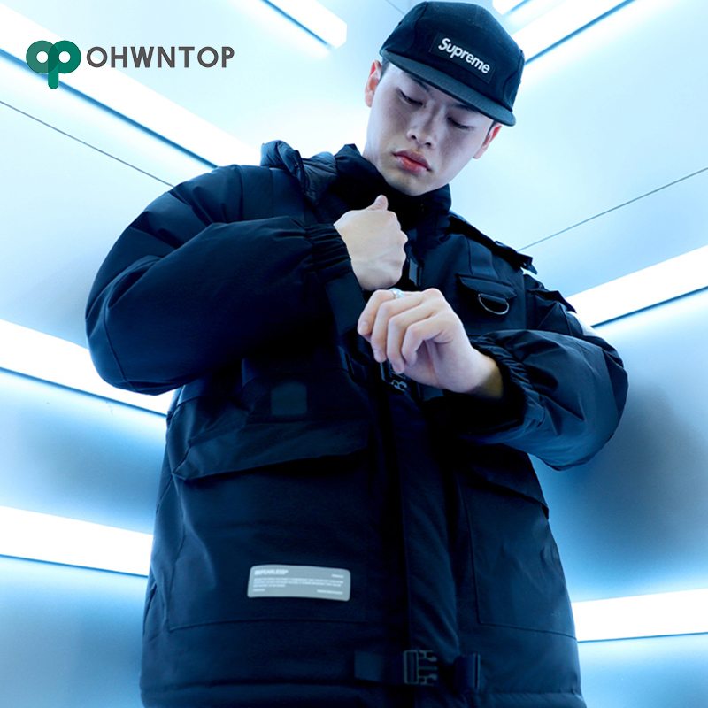 

Winter Warm Jacket Hip Hop Tactical Jacket Parka Men Streetwear Button Ribbon Cotton Pullover Hooded Solid Thick Outwear, Black