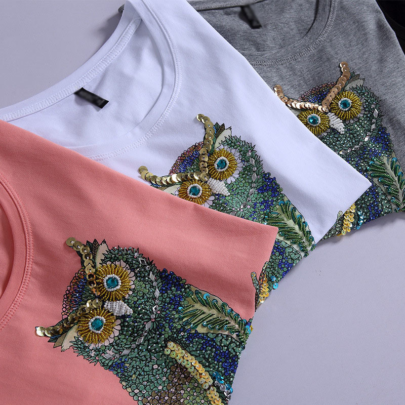

New Fashion Vintage T Shirt Women Summer Tops Beading Diamond Sequins Owl Print T Shirt Women Cotton Black Tops White Plus Size Y19072701, Pink