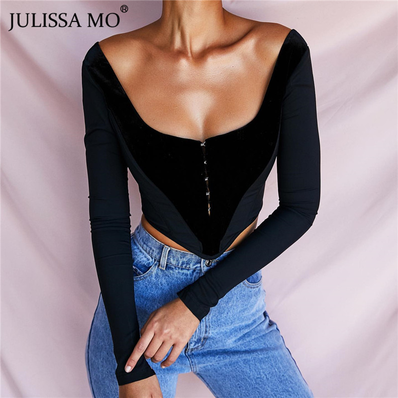 

JULISSA MO Black Flannel Strapless Short Blouse Women Tops Autumn Winter Long Sleeve Skinny Shirts Fashion Tunic Corset Blouses