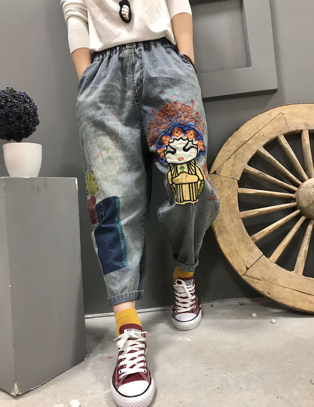 

Light Blue White Black Feer Harlan Cowgirl Baggy Pants Cotton Trousers Bk4410