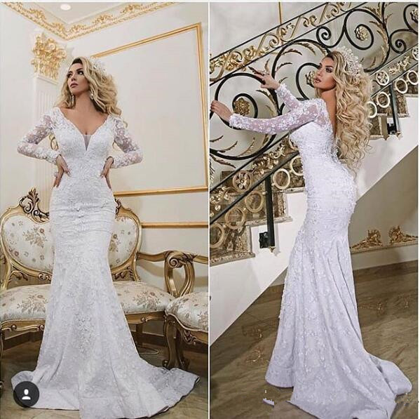 

Long Sleeves Lace Mermaid Wedding Dresses 2020 Formal Vintage Bridal Gowns Slim Long Custom Vestidos De Mariee European Fashion, Champagne