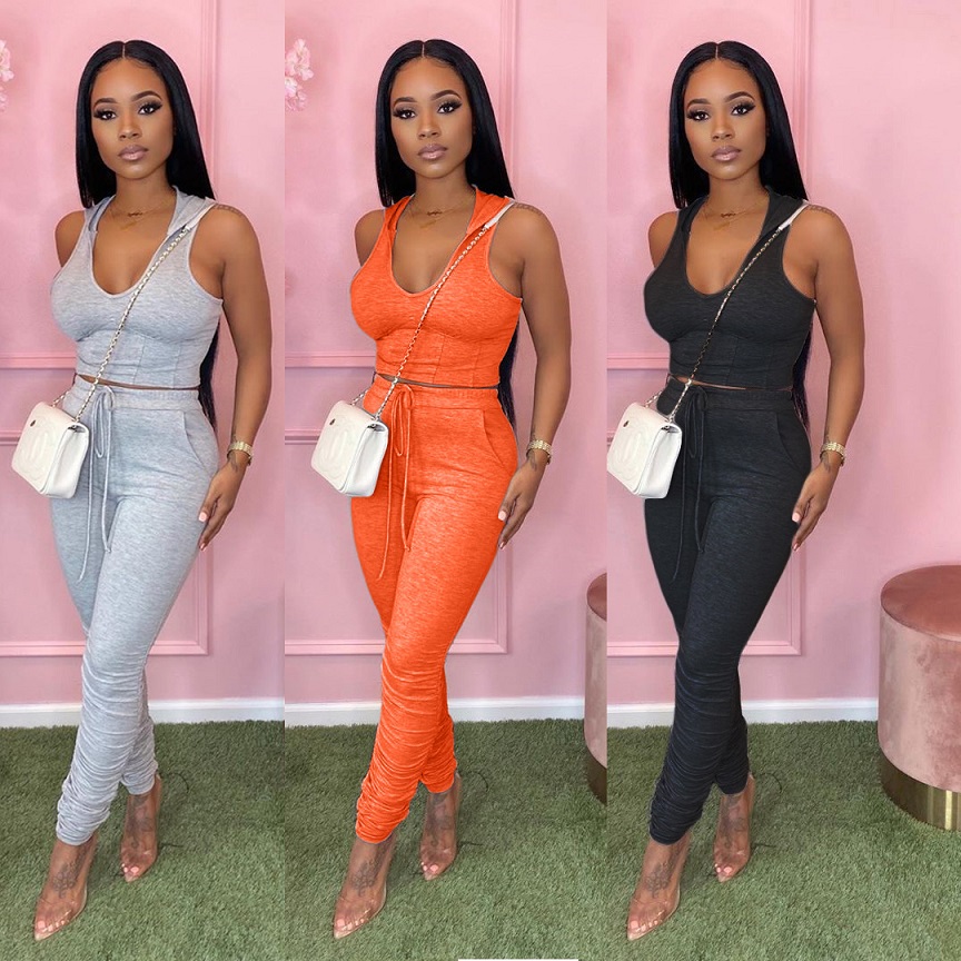 

Womens 2 two piece tracksuits summer clothes hooded vest Pleated pants elastic waist trouser outfits sets sportswear jogging femme clothing, Mix colors