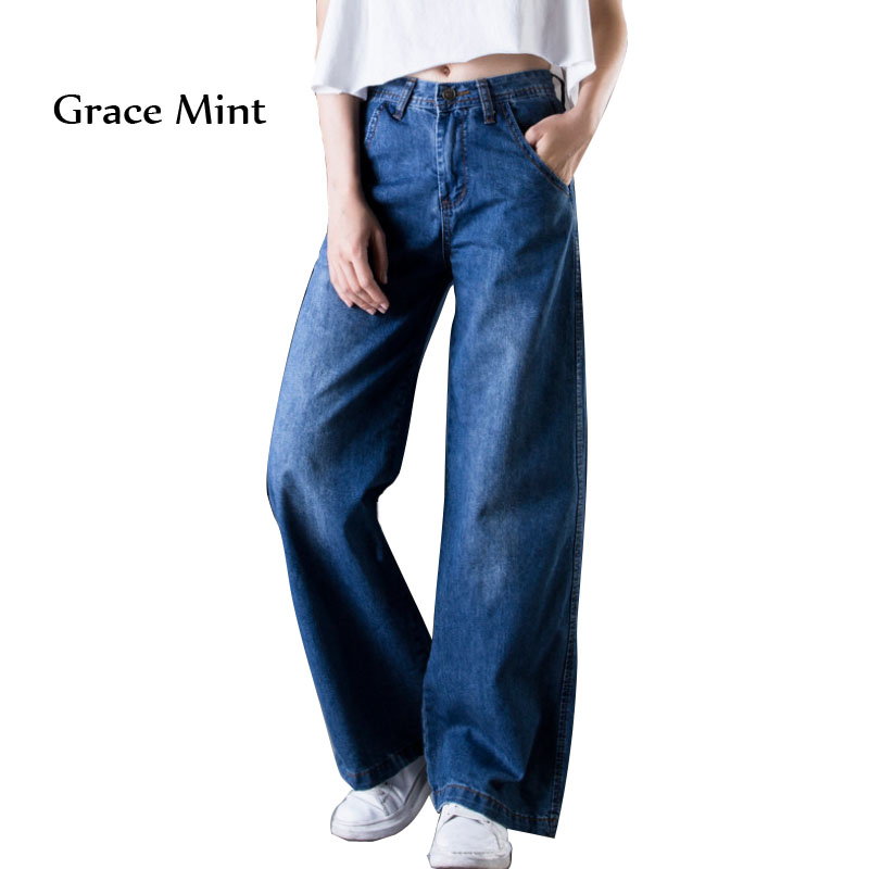 

Plus Size Casual Jeans Wide Leg Pants High Waist Vintage Trousers Solid Color Loose Jeans for Women, Deep blue