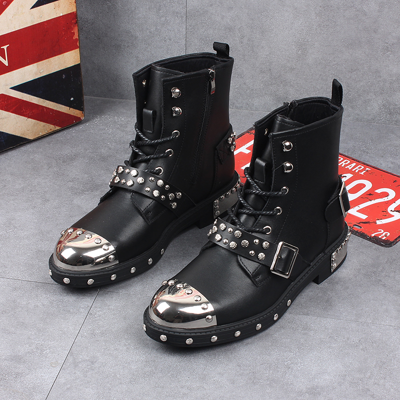 

Men's Black Boots with Rivets Fashion Winter Shoes Punk Style Male Bots 9#20/20E50, White bottom boots