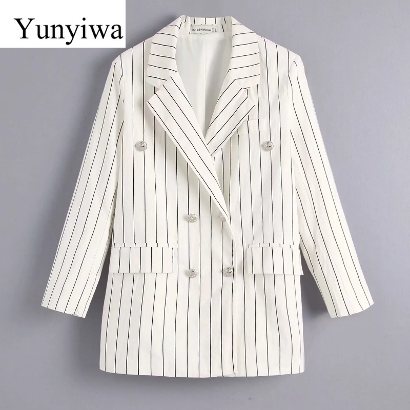 

2019 Women Double Breasted Striped Print Casual Business Blazer Office Lady Linen Suit Leisure Pockets Outwear Chic Tops, As picture