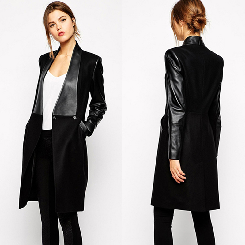 

Office Lady Long-sleeved Woolen Coat PU Stitching Turn-down Collar Slim Black Coat Single Breasted Button Pocket Decor, As pic