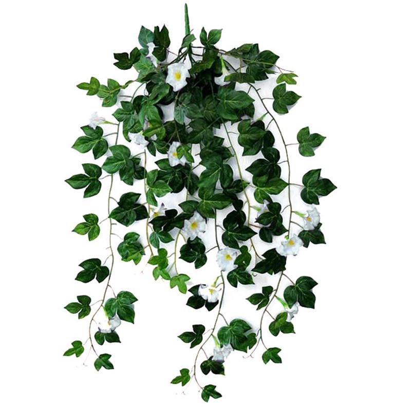 

Morning Glory Hanging Plants Silk Garland Fake Green Plant Home Garden Wall Fence Stairway Outdoor Wedding Hanging Baskets Decor, White