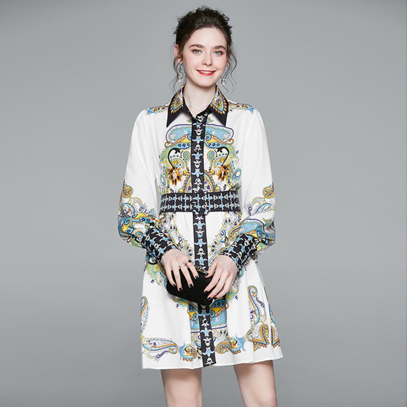 

2020 Spring Summer Fashion Runway A Line Shirt Lantern Sleeve Vintage Dress Women's Elegant Belted Printed Mini Dress, Picture color