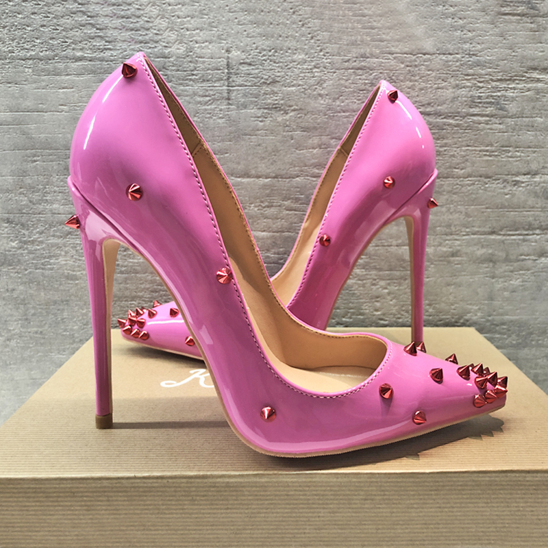 

Free Shipping women lady red sexy spikes pink Patent Leather Poined Toes Wedding heels Stiletto High Heels shoes pump 12cm 120mm bottom sole, 8cm