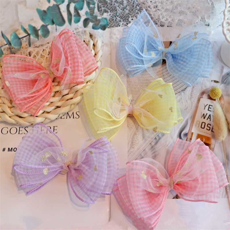 

5pcs/lot New Plaid Knot Hair Bows Princess Lace Hair Clips Heart Hairpins For Girls Fashion Kids Headwear Accessories, Yellow