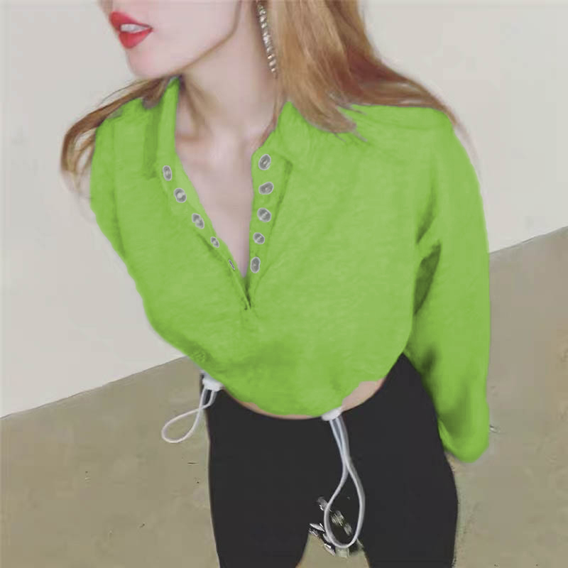 

European and American retro button lapel drawstring short paragraph exposed navel sweater female loose loose casual jacket tide, Green