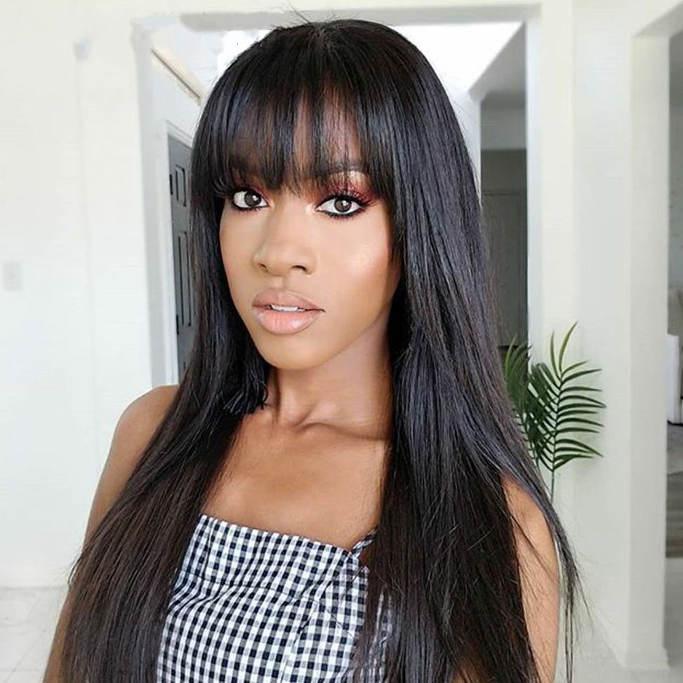 

Mongolian Virgin Human Hair Lace Front Wigs Straight Hair Lace Wigs with Bangs Glueless Lace Wig 130% Density, Medium brown