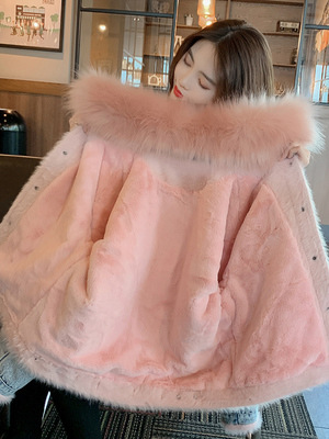 

Winter imitation big fur collar denim jacket female plus velvet cotton short denim jacket Korean loose cotton tide, Pink