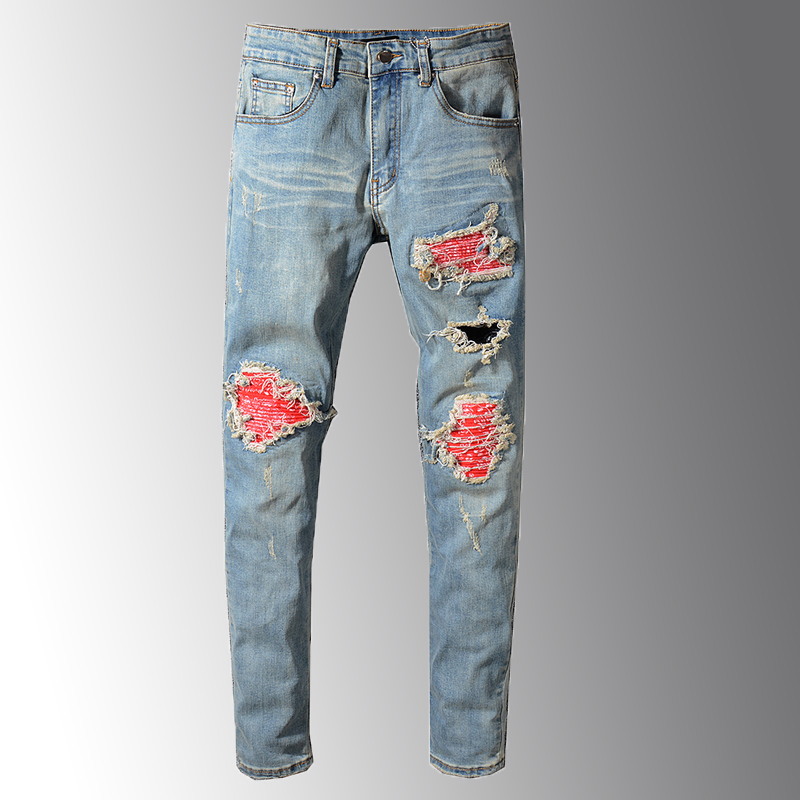 

Men's Red Printed Patch Biker For Moto Skinny Patchwork Holes Ripped Stretch Denim Pants Fashion Slim Fit Jeans, Color as picture