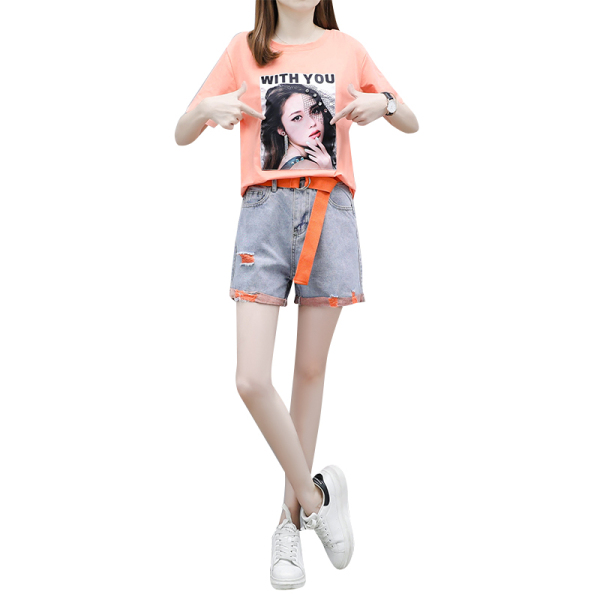 

Orange Female Fashion Nail Bead Hole Denim Shorts ShuHua222