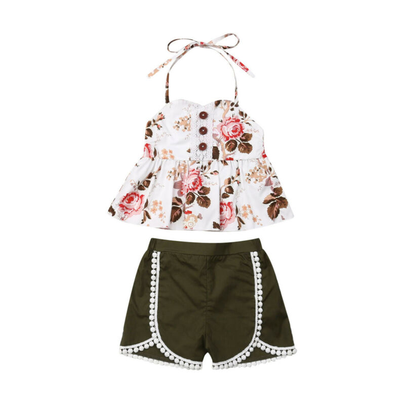 

US Infant Baby Girl Floral Tops Shorts Pants Tassel Outfits Sumsuit Clothes 1-6Y, As pic