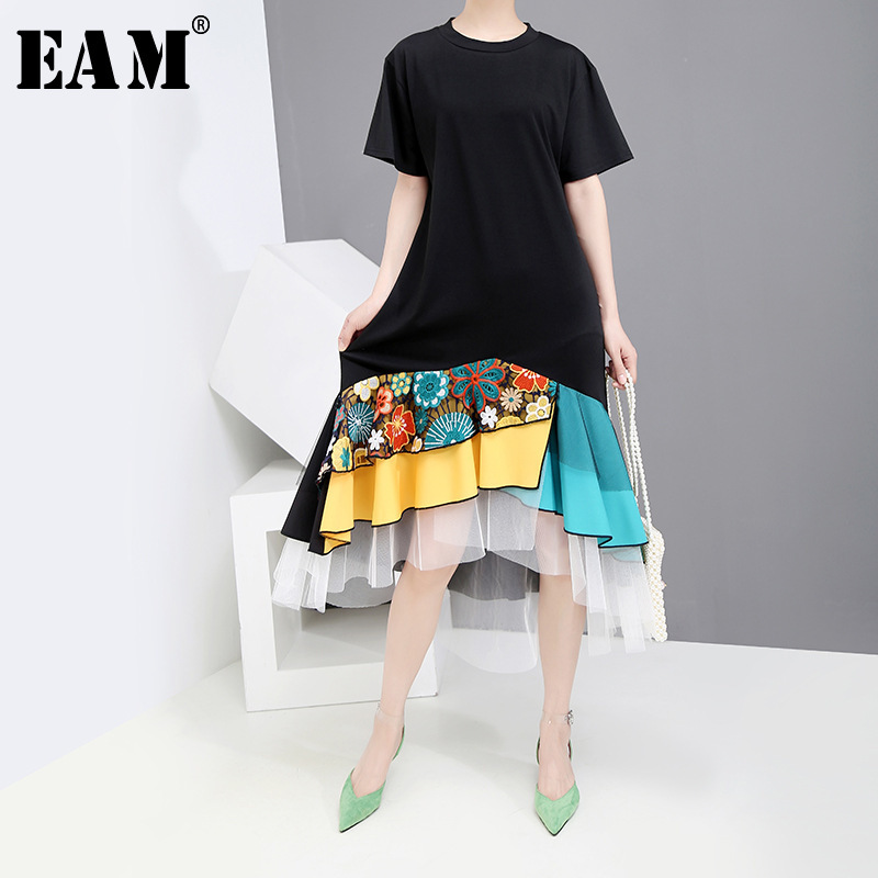 

EAM] 2020 New Spring Summer Round Neck Short Sleeve Black Hem Pattern Printed Mesh Temperament Loose Dress Women Fashion JW787