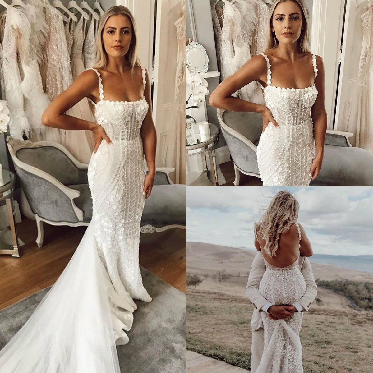 

2019 Pearls Mermaid Wedding Dresses Sweep Train Lace 3D Floral Appliqued Beach Wedding Gowns Custom Made Sexy Backless Country Bridal Dress, Water melon