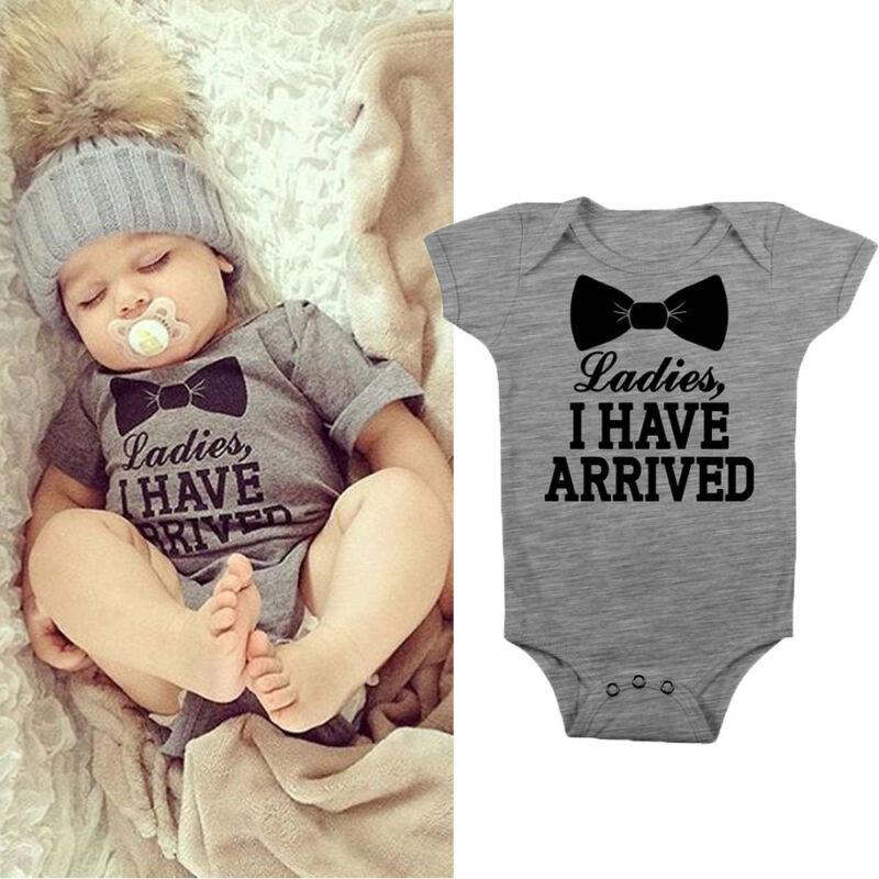 0-12 Months Newborn Bodysuits Baby Boys Clothes Tie Letter Print Jumpsuit For Newborns Gray Short Sleeve Bodysuit Boys Bodysuits-image-516267787