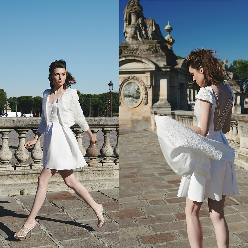 

Cymarine Two Peice Suit Sheath Wedding Dresses V Neck Appliques Chiffon Wedding Dress Knee Length Vestidos De Novia, Daffodil