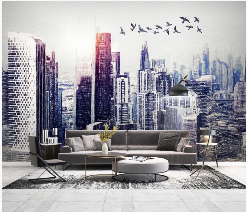 

3d wallpaper custom photo Modern hand drawn city buildings sunrise flying bird living room home decor 3d wall murals wallpaper for walls 3 d, Non-woven wallpaper