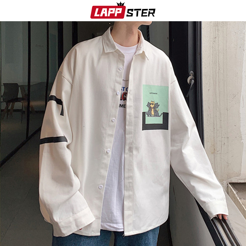 

LAPPSTER Men Streetwear Funny Cat Print Shirt 2020 Mens Graphic Harajuku White Shirts Long Sleeve Shirts Oversized Korean, Black