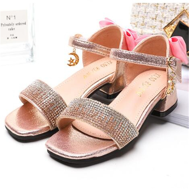 

New Children Sandals Square heel Princess Rhinestone Open toe Girls Summer Shoes Kids Student Gladiator 041, Gold