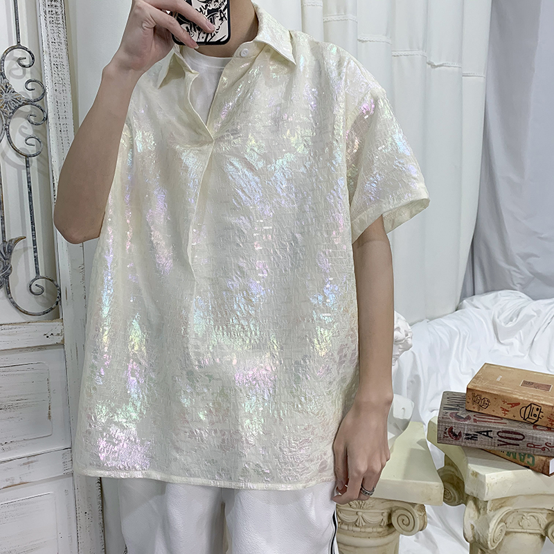 

Shiny Color Summer Short Sleeve Shirt Men Fashion 2020 Loose Shirts for Men Streetwear Plus Size Pullover Shirt, As the photo show