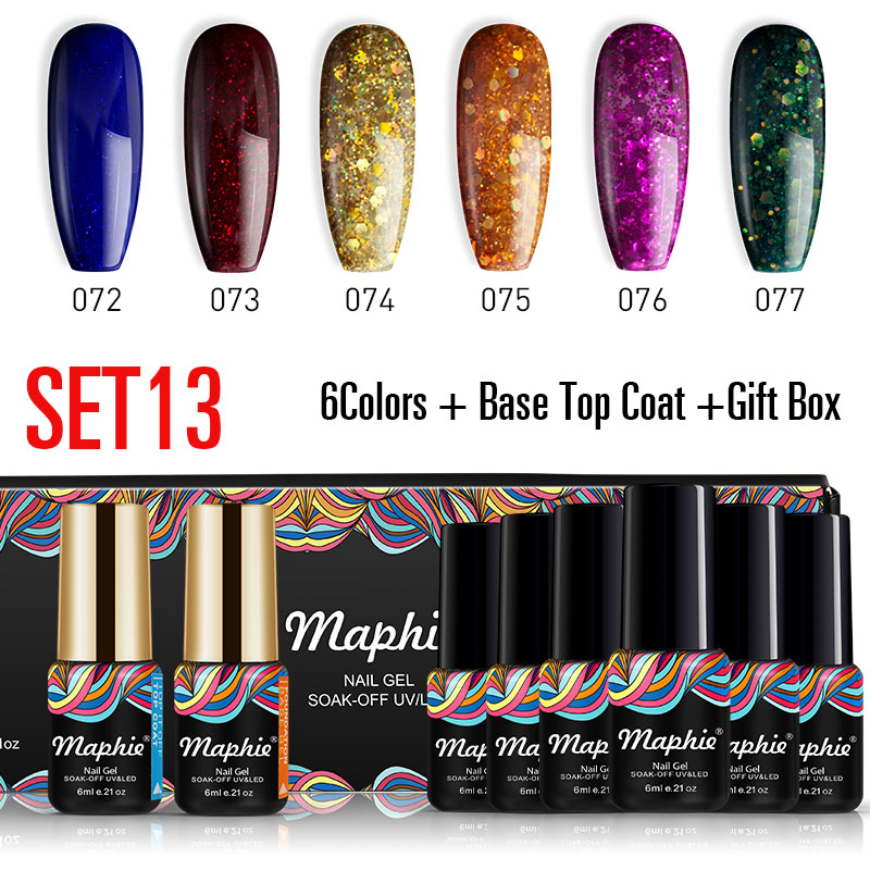 

Maphie 6Pcs/Lot Nail Gel Set Glitter Shiny Color Soak Off Semi Permanent Led Gel Long Lasting Nail Art Base Top Coat Kits, 12