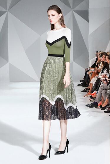 

New Fashion Knit Top + Thin Temperament Lace Pleated Skirt Two Piece Set, Green