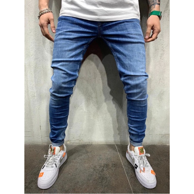

Men jeans casual sports pants trousers lightly washed solid color denim pants mid-waist straight jeans micro-elastic, 01