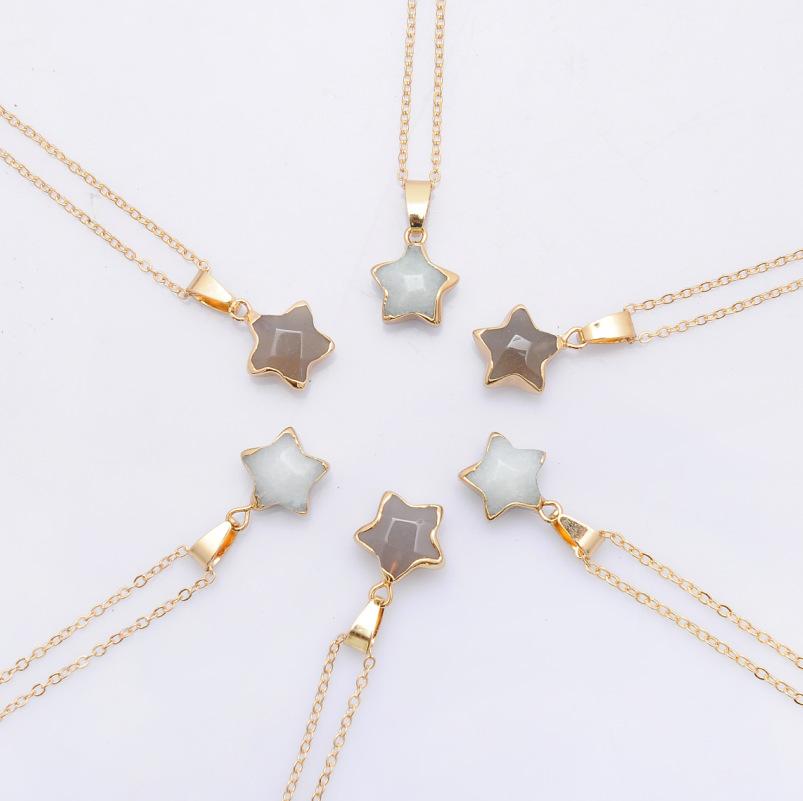 

Pentagram Star Chain Necklace Pink Crystal Chakra Natural Stone Gold Plating Geode Druzy Quartz Pendant Diy Necklace Jewelry