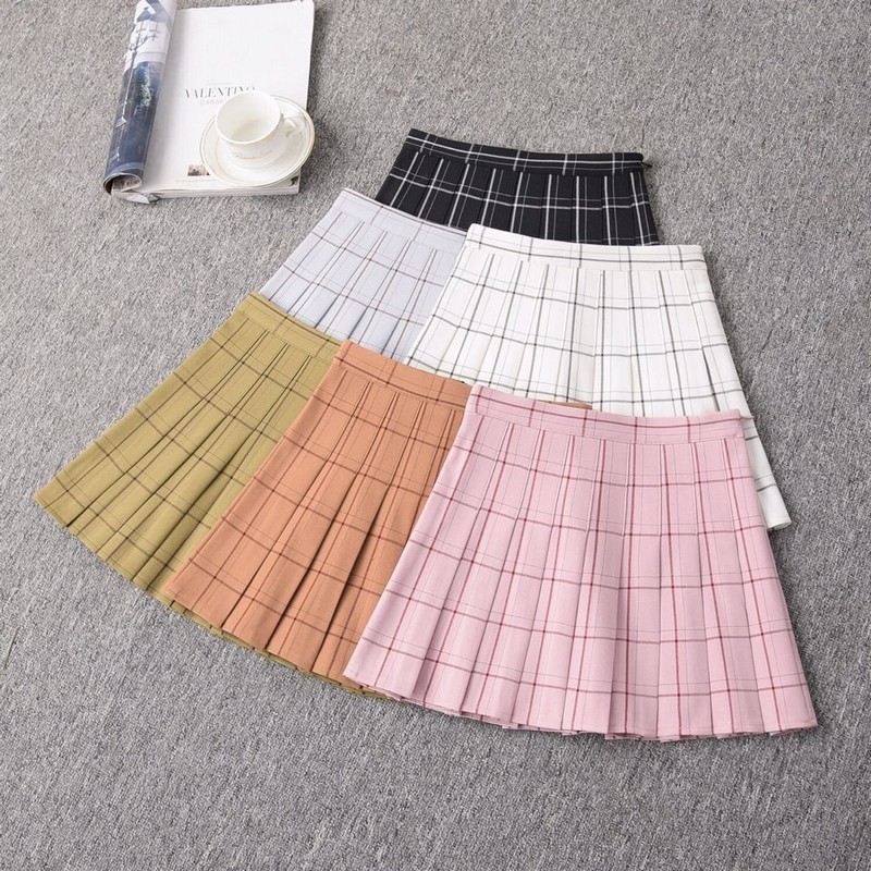 

2020 new spring summer ulzzang plaid pleated skirt female skirts A-line high waist college style student skirts for girls dance, White