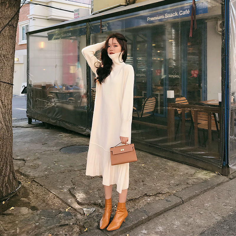 

Woolen Skirt 2020 New Pleated Turtleneck Knitted Mid-Length Jersey Dress Women women sweater womens sweater knitted, Black