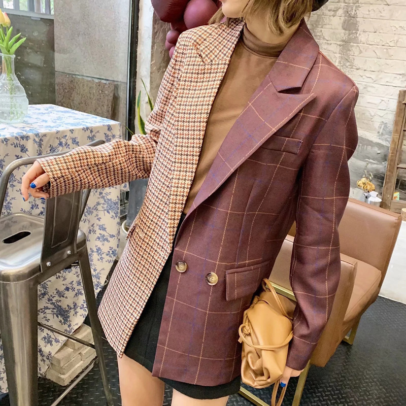 

EWQ] 2020 Spring Autumn New Long Sleeve Patchwork Plaid Loose Coat Korea Trend Design Outerwear Hit Color Women Blazer QZ64016, As shown