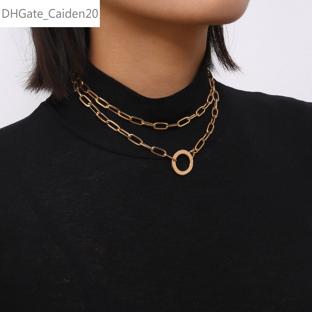 

Punk Double Layer Round Circle Short Choker Necklace Collar Simple Gold Color Pendant Necklaces For Women Jewelry