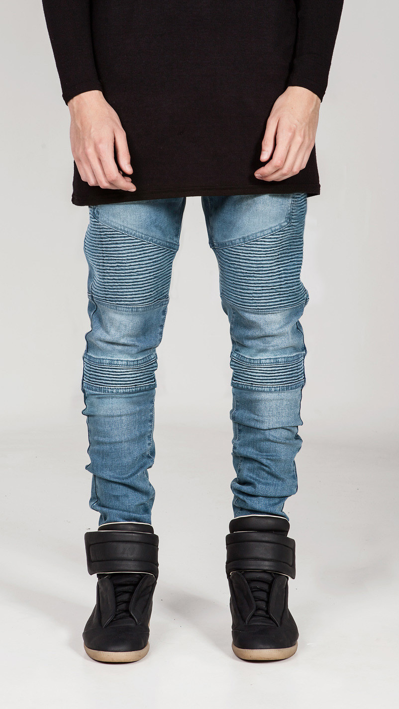 

Street BIKER JEANS Washed Pencil Pants Locomotive Men Women Personality Wrinkle Slim Fit Pants High Elastic Jeans, Gray