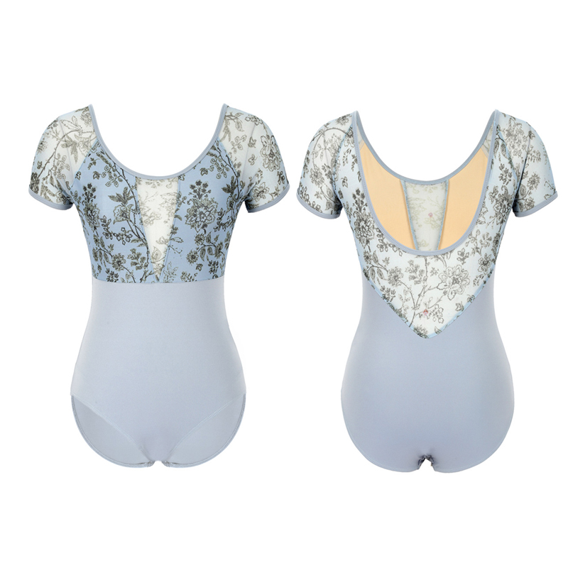 

2020 New Short sleeve ballet Leotard for women Sexy cutout splice printed mesh gymnastics Practice Leotards adult CC2077D, Blue
