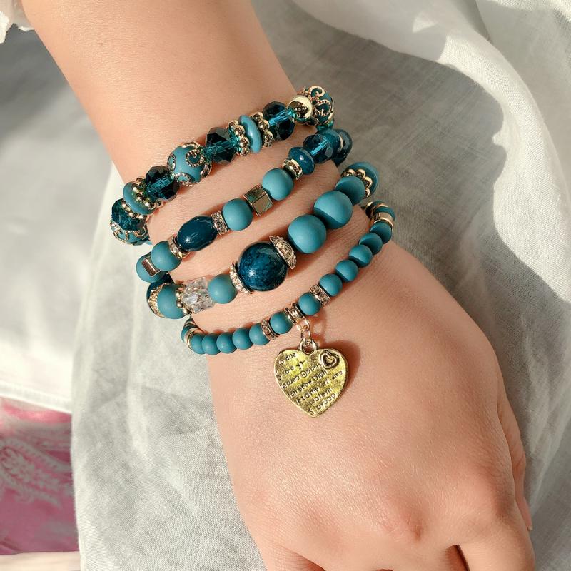

Beaded, Strands Trendy Beaded Bracelet Women Heart Charm Jewelry