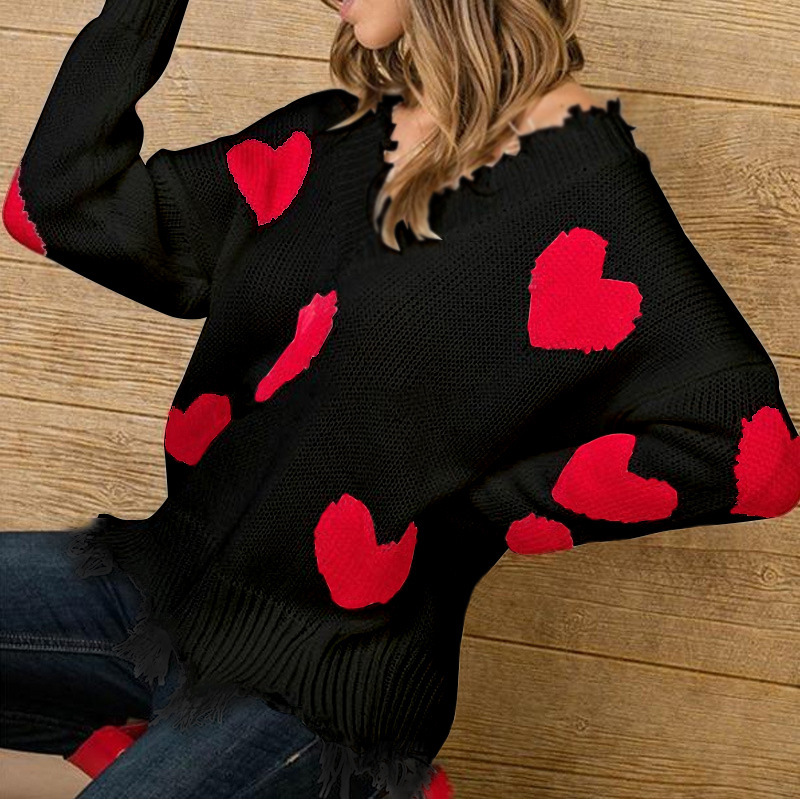 

European Style Sweet-heart Sweater Woman V-neck Long Sleeve Pullover Tops Womens Sweaters 2019 Winter Clothes, Blue