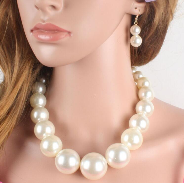 

Fashion Women's Large Big Simulated Pearl Statement Necklace and Earrings Set the best gift for women, As pic