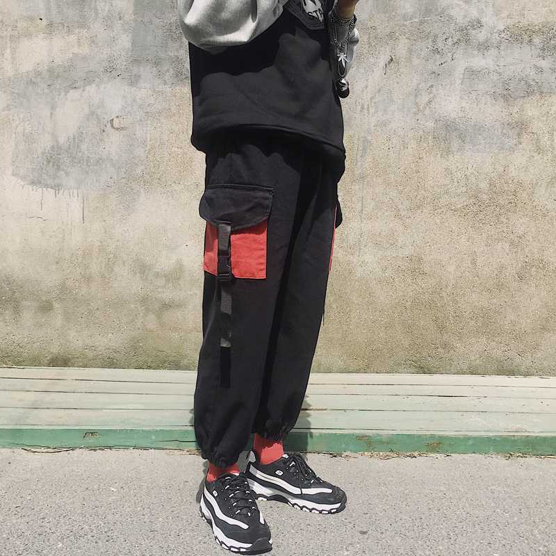 

Men Steetwear Cargo Pants 2020 Overalls Color Block Pockets Joggers Ribbons Hip Hop Sweatpants Baggy Black Trousers