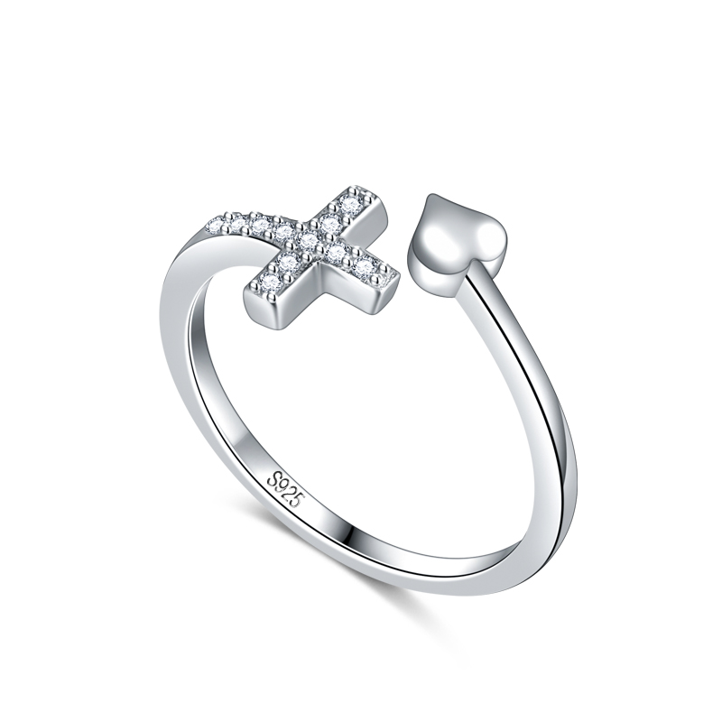 

Band Rings Design Adjustable Cross Ring Woman Solid 925 Sterling Silver Charm Heart Shaped Wedding Jewelry Valentine's Day Gift