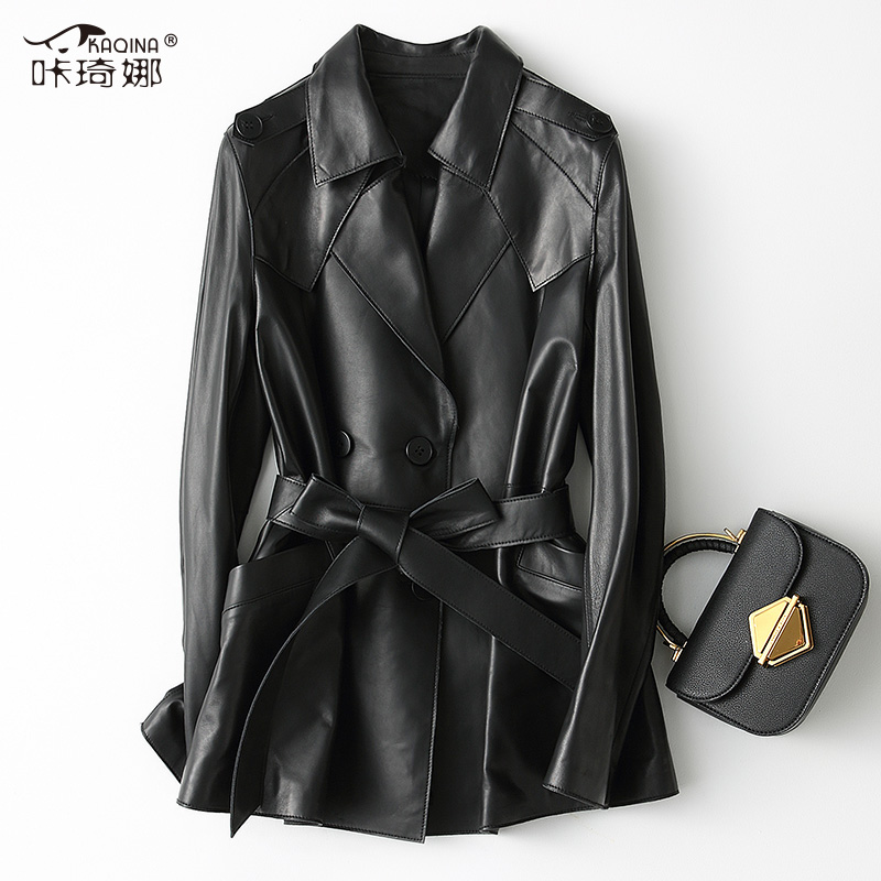 

Spring Jacket Women Clothes 2019 Real Leather Jacket Sheepskin Coat Women Long Trench Coats and Jackets Chaqueta Mujer KQN29106, Black