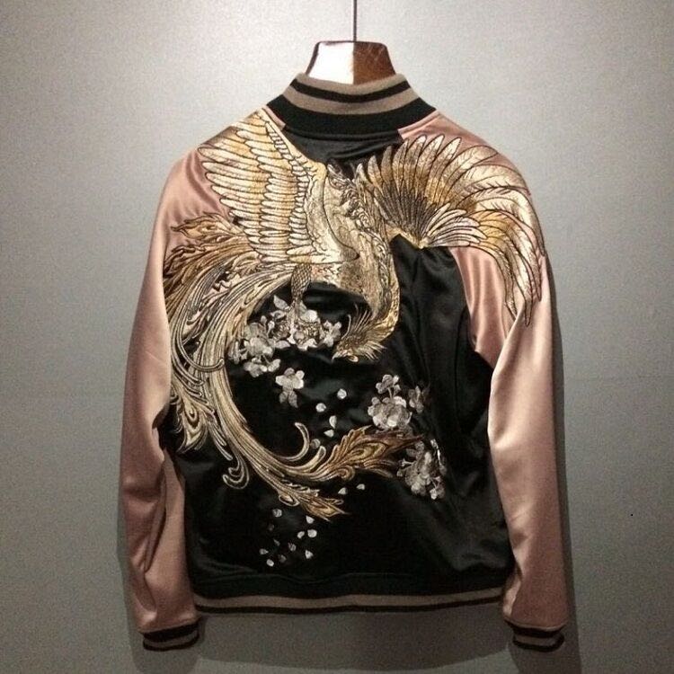 

Mens Japanese Embroidered Sukajan Souvenir Flight Jacket Bomber Birds Coat Chic Men Jackets, As pic