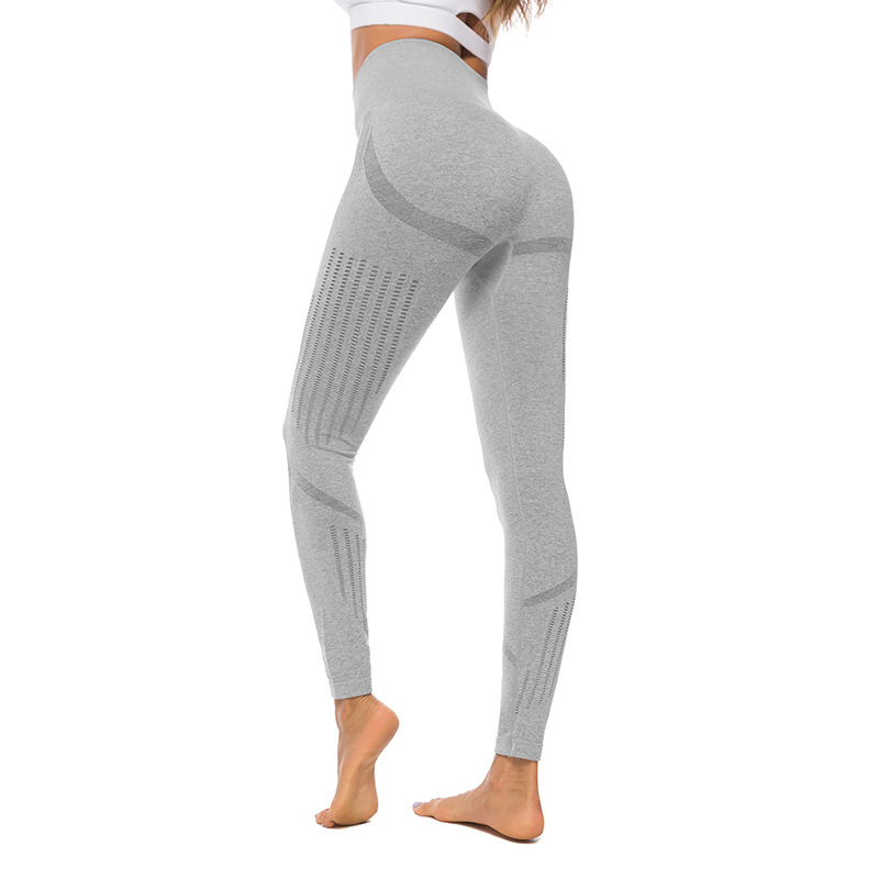 

European and American ladies hollow slim bottoming sports pants fitness knitted seamless quick-drying yoga pants women, Pants-gray
