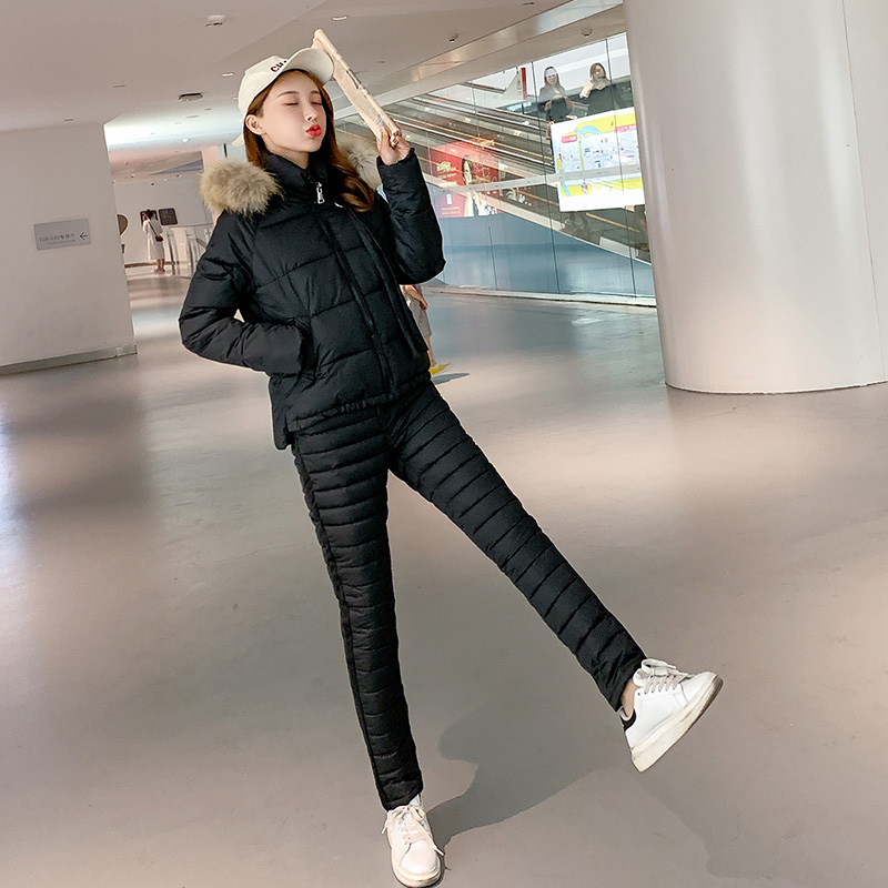 

2019 Fashion Winter Women Warm Snow Set Hooded Parka Coat+Pant Tracksuit Two Piece Set Female Down Cotton Jacket Suit For Women, Black