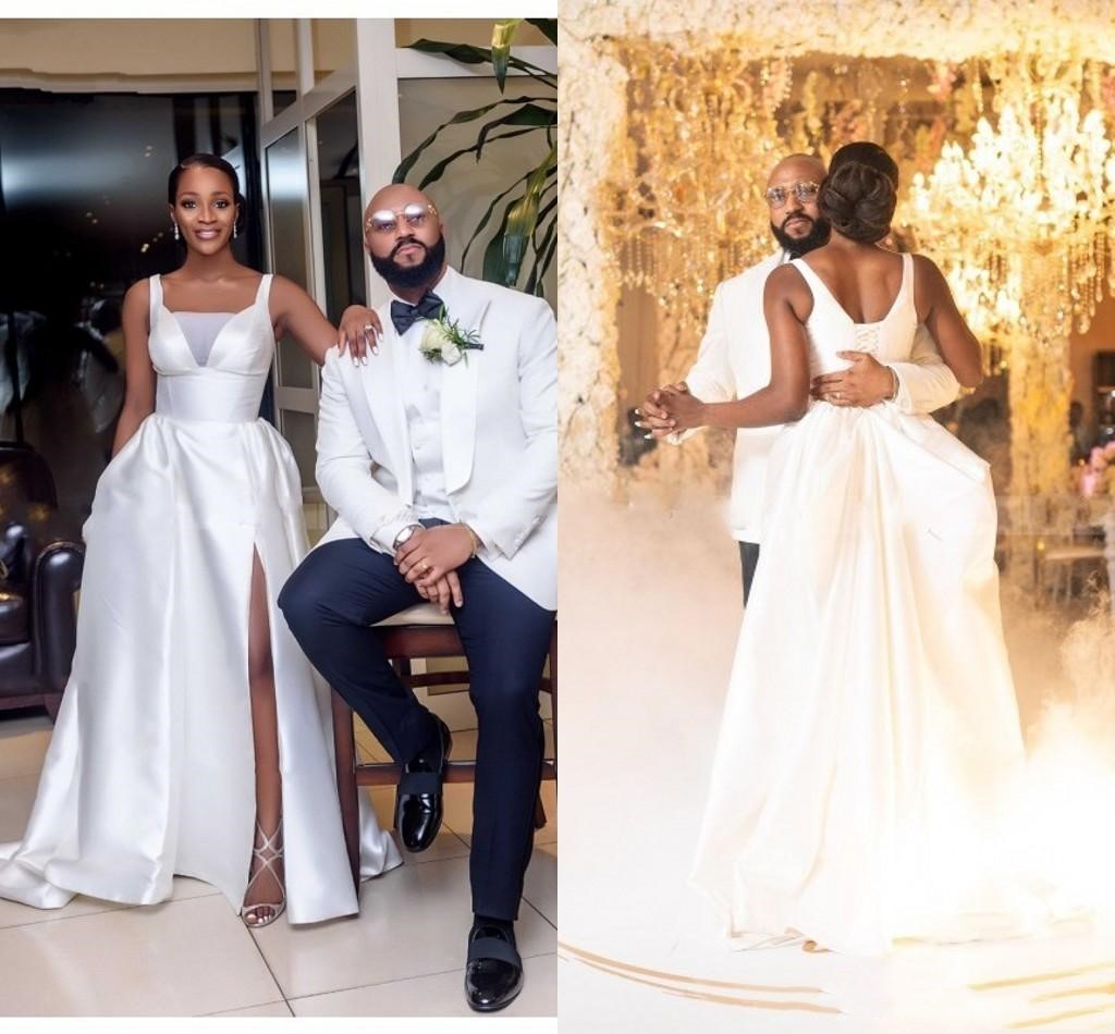 

Black Girls Simple High Split wedding dresses with Straps Satin A line Square Cheap Wedding Dress Bridal Gowns Cheap Custom Made, White