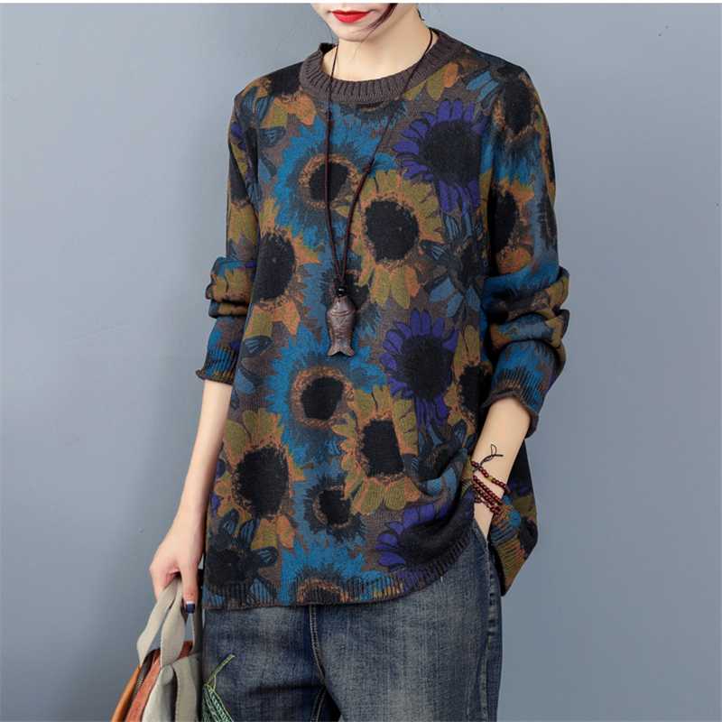 

Pullover Sweater Women 2020 Spring Autumn Fashion New Print Knitted Sweater Round Neck Long Sleeve Loose Tide H0051, Brown
