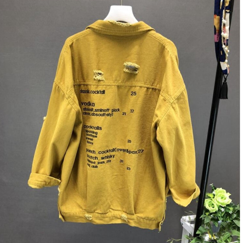 

EWQ] 2020 Autumn New Fashion Trend Long-sleeved Hole Stitching Letter Jacket Students Streetwear Plus Size Denim Coats Overcoat, Black